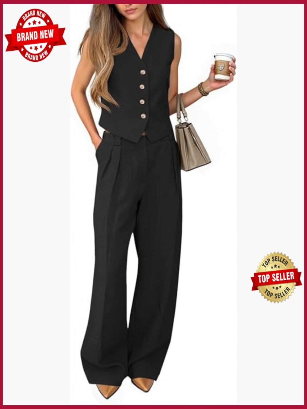 Womens 2 Piece Outfits V Neck Crop Vest Blazer Wide Leg Pants Set